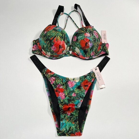 Victoria Secret 36DD L Bombshell Push Up Bikini Set Shine Strap Palm Tropical - Picture 2 of 10
